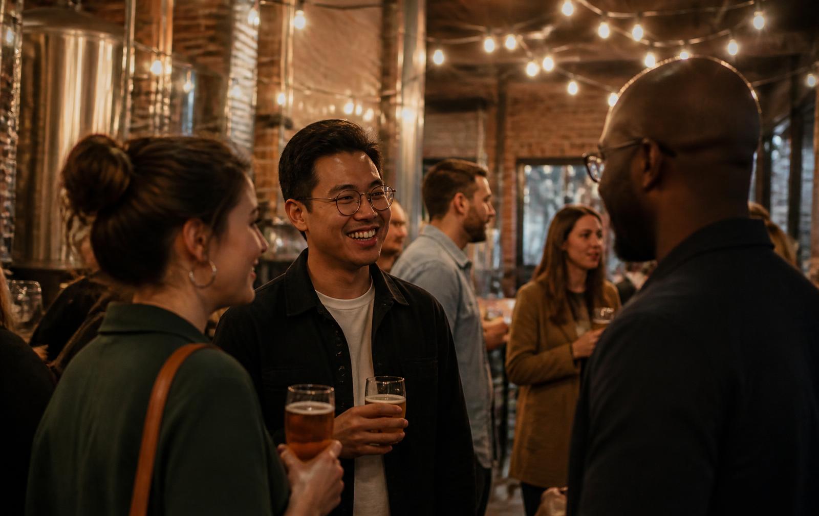 Attendees talking over drinks at a brewery mixer